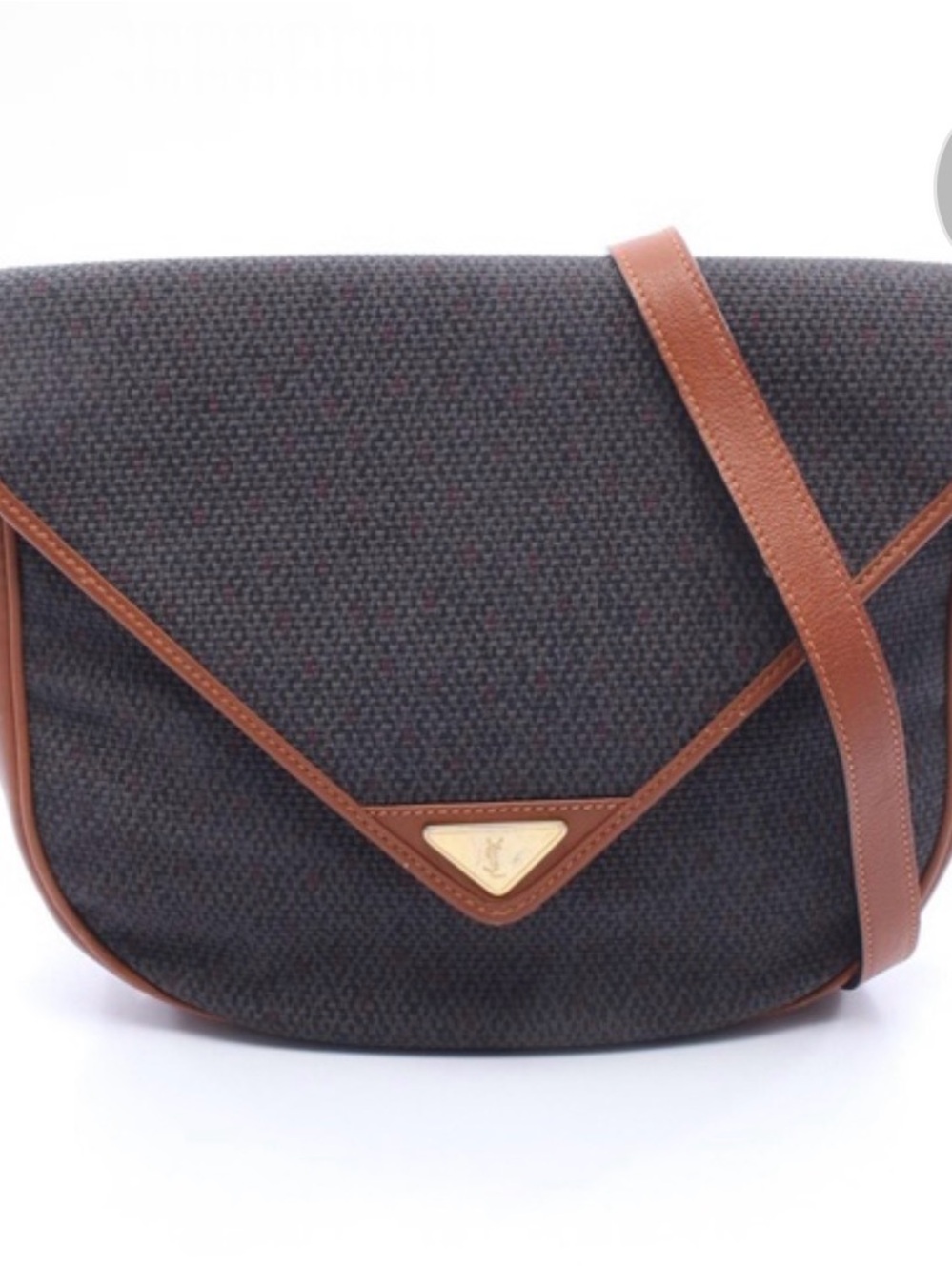 Yves Saint Laurent Dark Gray Woven Crossbody with Brown Leather Trim